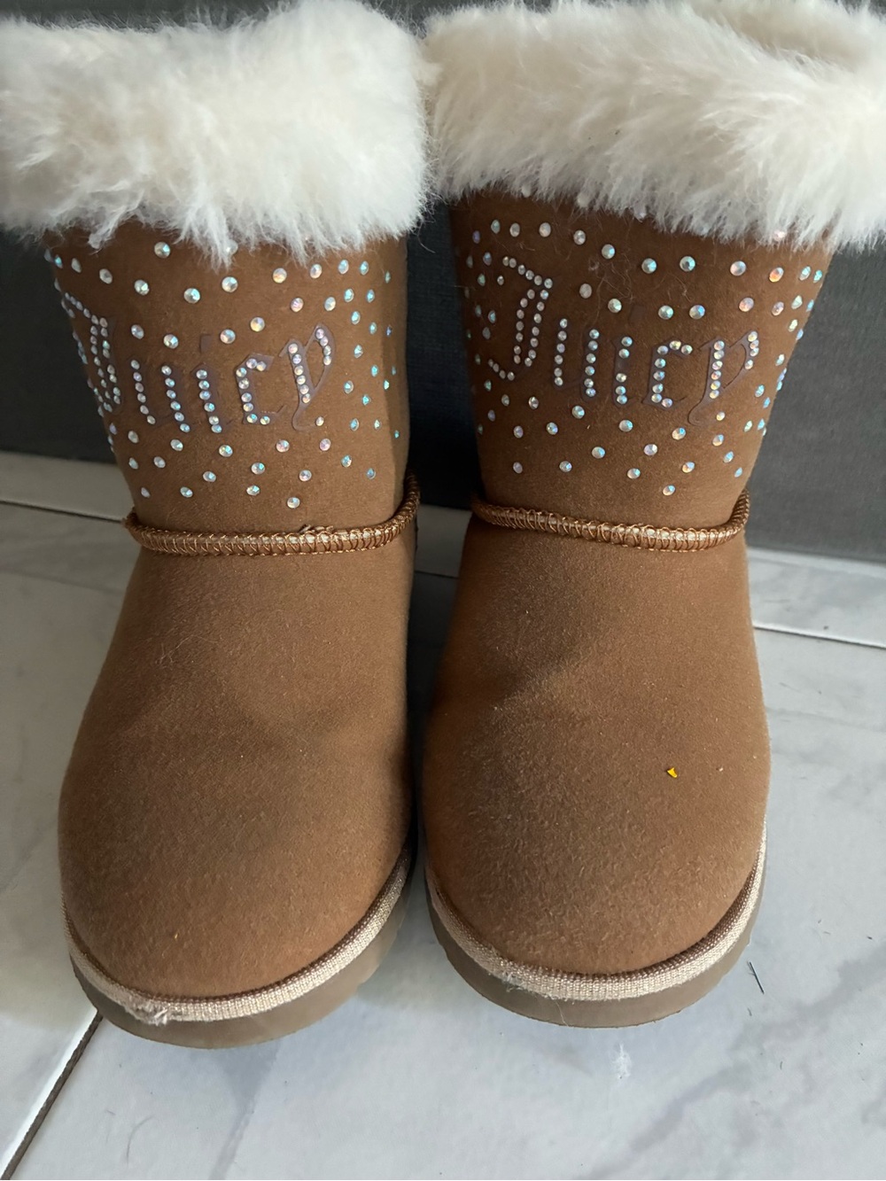 Juicy Couture Girls' Faux-Fur Trim Rhinestone Brown Boots
